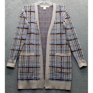 Max Studio Cardigan Sweater Womens XS Multi Plaid Knit Long Sleeve Open Front